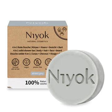 Jabón de ducha 4 en 1 Niyok: Cuerpo + Cabello + Rostro + Barba, Gris Atlético – 80 g