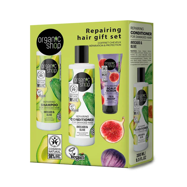 Organic Shop Aguacate Champú 280ml Aguacate Acondicionador 280ml Higo Exfoliante Corporal 75ml
